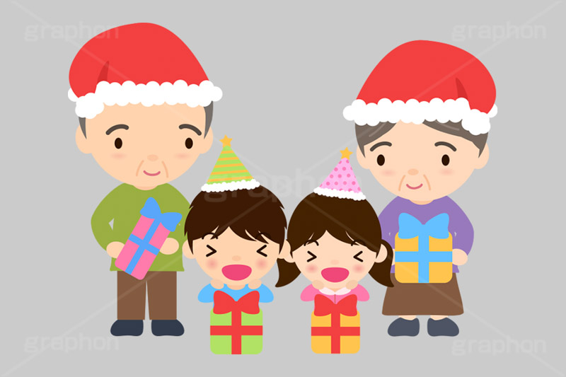 クリスマスプレゼント,プレゼント,サンタクロース,クリスマスパーティー,クリスマス,パーティー,ホームパーティー,帽子,こども,子供,男の子,女の子,キッズ,ボーイ,ガール,孫,おじいさん,おばあさん,おじいちゃん,おばあちゃん,祖父,祖母,お年寄り,高齢者,老人,家族,文化,風習,行事,人物,男女,キャラクター,イラスト,かわいい,カワイイ,可愛い,冬,character,japan,kids,boy,girl,party,illustration,christmas,xmas,winter