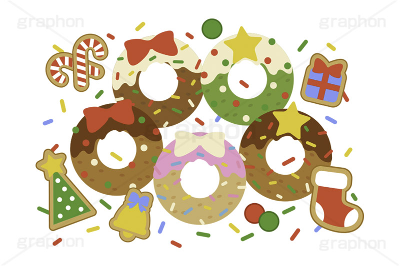 クリスマススイーツ,クリスマスドーナツ,クリスマス,ドーナツ,ドーナッツ,チョコドーナツ,スイーツ,リース,お菓子,菓子,おやつ,チョコ,チョコレート,トッピング,デコレーション,焼き菓子,焼菓子,挿絵,挿し絵,illustration,donut,christmas