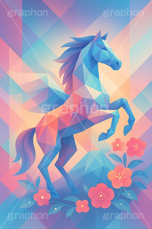 幾何学模様の馬イラスト,幾何学模様,アート,富士山,梅,馬イラスト,午,馬,うま,ウマ,ペガサス,伝説,午年,干支,正月,お正月,年賀状,2026午年,午年年賀状,新年,ニューイヤー,アニバーサリー,イラスト,illustration,japan,horse,art
