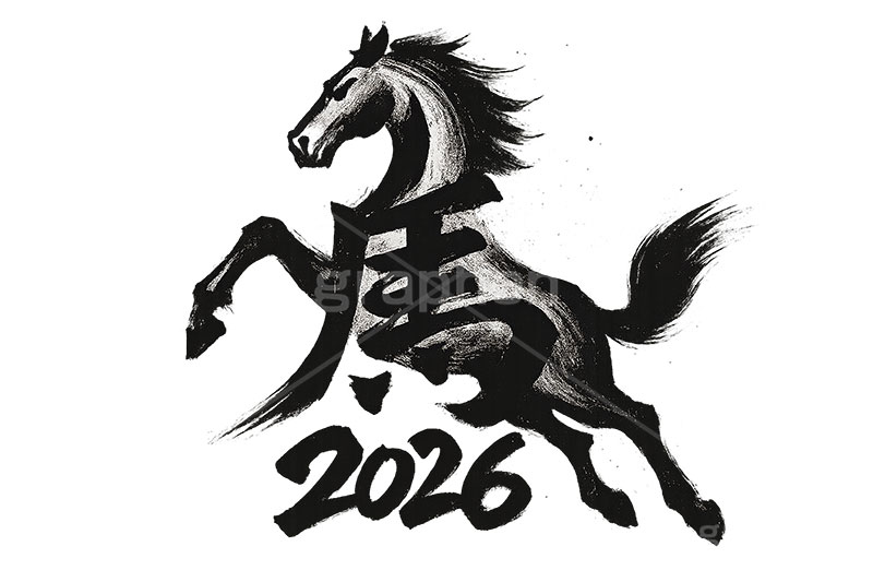 馬イラスト(水墨画),水墨画,筆,墨,馬イラスト,午,馬,うま,ウマ,午年,干支,正月,お正月,年賀状,2026午年,2026,午年年賀状,新年,かっこいい,クール,ニューイヤー,アニバーサリー,イラスト,illustration,japan,horse,cool