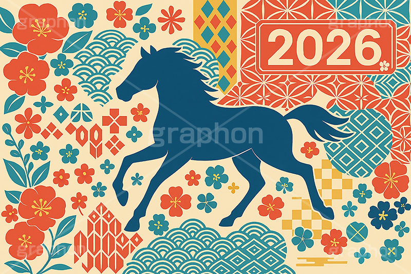 午年シンプルイラスト,和柄,花柄,馬イラスト,午,馬,うま,ウマ,午年,干支,正月,お正月,年賀状,2026午年,2026,午年年賀状,新年,シルエット,ニューイヤー,アニバーサリー,イラスト,illustration,japan,horse,silhouette