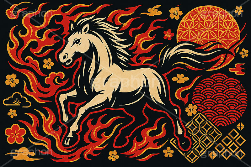 午年スカジャン風イラスト,スカジャン,刺繍,派手,和柄,花柄,馬イラスト,午,馬,うま,ウマ,午年,干支,正月,お正月,年賀状,2026午年,午年年賀状,新年,かっこいい,クール,シルエット,ニューイヤー,アニバーサリー,イラスト,illustration,japan,horse,silhouette,cool