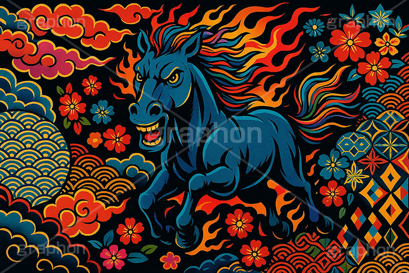 午年スカジャン風イラスト,スカジャン,刺繍,派手,和柄,花柄,馬イラスト,午,馬,うま,ウマ,午年,干支,正月,お正月,年賀状,2026午年,午年年賀状,新年,かっこいい,クール,シルエット,ニューイヤー,アニバーサリー,イラスト,illustration,japan,horse,silhouette,cool