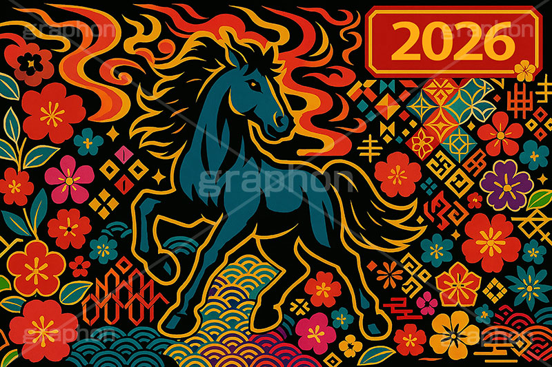 午年スカジャン風イラスト,スカジャン,刺繍,派手,和柄,花柄,馬イラスト,午,馬,うま,ウマ,午年,干支,正月,お正月,年賀状,2026午年,2026,午年年賀状,新年,かっこいい,クール,シルエット,ニューイヤー,アニバーサリー,イラスト,illustration,japan,horse,silhouette,cool