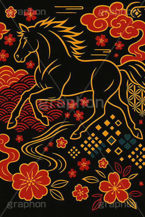 午年スカジャン風イラスト,スカジャン,刺繍,派手,和柄,花柄,馬イラスト,午,馬,うま,ウマ,午年,干支,正月,お正月,年賀状,2026午年,午年年賀状,新年,かっこいい,クール,シルエット,ニューイヤー,アニバーサリー,イラスト,illustration,japan,horse,silhouette,cool