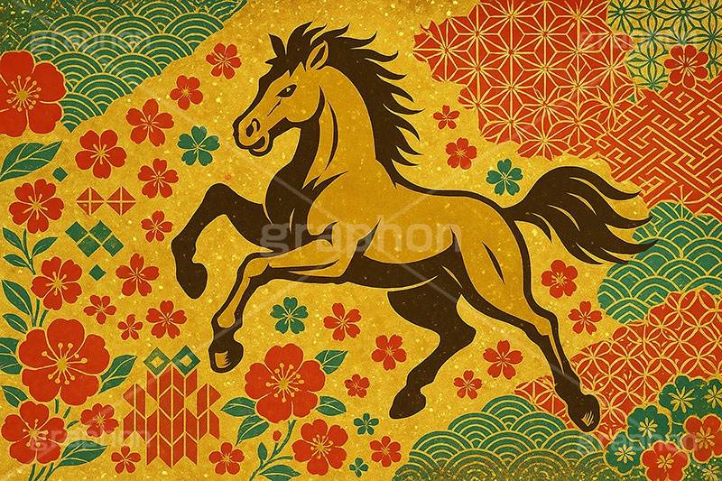 午年－金屛風イラスト,金屛風,屛風,派手,和柄,花柄,馬イラスト,午,馬,うま,ウマ,午年,干支,正月,お正月,年賀状,2026午年,午年年賀状,新年,かっこいい,クール,シルエット,ニューイヤー,アニバーサリー,イラスト,illustration,japan,horse,silhouette,cool