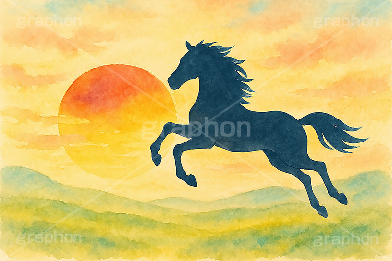午年シンプル水彩イラスト,午年シンプルイラスト,シルエット,水彩,和柄,馬イラスト,午,馬,うま,ウマ,午年,干支,正月,お正月,年賀状,2026午年,午年年賀状,新年,ニューイヤー,アニバーサリー,イラスト,illustration,japan,horse,silhouette
