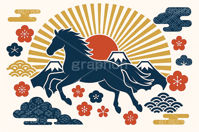 午年シンプルモダン,午年シンプルイラスト,シルエット,モダン,和柄,松,梅,馬イラスト,午,馬,うま,ウマ,午年,干支,正月,お正月,年賀状,日の出,初日の出,富士山,2026午年,午年年賀状,新年,ニューイヤー,アニバーサリー,イラスト,おしゃれ,お洒落,オシャレ,illustration,japan,horse,silhouette