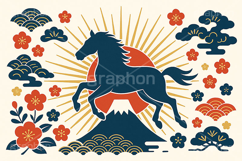 午年シンプルモダン,午年シンプルイラスト,シルエット,モダン,和柄,松,梅,馬イラスト,午,馬,うま,ウマ,午年,干支,正月,お正月,年賀状,日の出,初日の出,富士山,2026午年,午年年賀状,新年,ニューイヤー,アニバーサリー,イラスト,おしゃれ,お洒落,オシャレ,illustration,japan,horse,silhouette