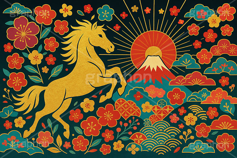 午年スカジャン風イラスト,スカジャン,金箔,金粉,刺繍,派手,和柄,花柄,馬イラスト,午,馬,うま,ウマ,午年,干支,正月,お正月,年賀状,2026午年,午年年賀状,新年,日の出,初日の出,かっこいい,クール,シルエット,ニューイヤー,アニバーサリー,イラスト,illustration,japan,horse,silhouette,cool
