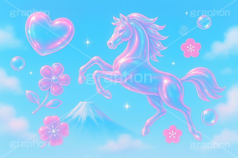 ガラスの馬,ガラス,ガラス細工,馬イラスト,午,馬,うま,ウマ,午年,干支,正月,お正月,年賀状,日の出,初日の出,富士山,梅,青空,2026午年,午年年賀状,新年,爽やか,ニューイヤー,アニバーサリー,イラスト,派手,ハート,ラブ,illustration,japan,horse,glass,sky,heart