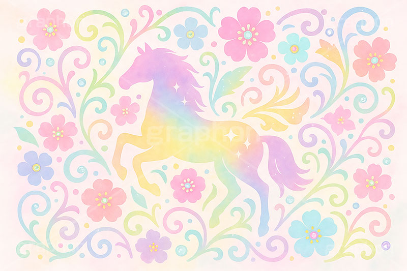 午年－水彩イラスト,パステル,カラフル,水彩,唐草模様,唐草,花柄,馬イラスト,ペガサス,午,馬,うま,ウマ,午年,干支,正月,お正月,年賀状,2026午年,午年年賀状,新年,ニューイヤー,アニバーサリー,イラスト,おしゃれ,オシャレ,メルヘン,ファンタジー,ゆめかわいい,illustration,japan,horse,pastel,pegasus