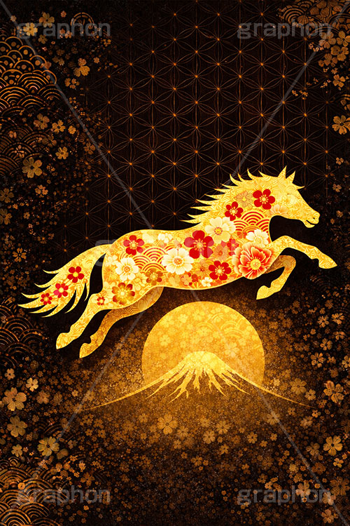 午年イラスト和柄,午年シンプルイラスト,和柄,馬イラスト,午,馬,うま,ウマ,金箔,金粉,富士山,初日の出,日の出,午年,干支,正月,お正月,年賀状,2026午年,午年年賀状,新年,ニューイヤー,アニバーサリー,イラスト,illustration,japan,horse