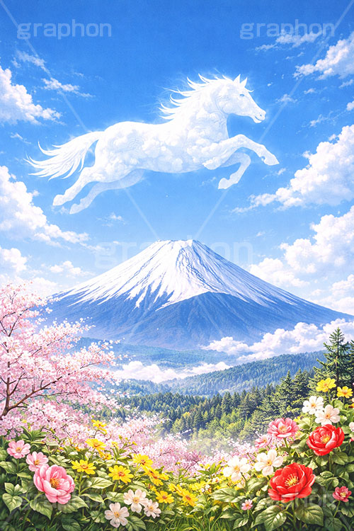 馬の雲,富士山,雲,青空,桜,椿,ツバキ,馬イラスト,午,馬,うま,ウマ,午年,干支,正月,お正月,年賀状,2026午年,午年年賀状,新年,ニューイヤー,アニバーサリー,イラスト,illustration,japan,horse