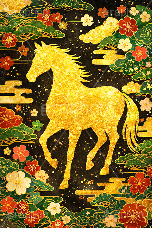 午年イラスト和柄,午年シンプルイラスト,和柄,馬イラスト,午,馬,うま,ウマ,金箔,金粉,松,梅,午年,金屛風,屏風,干支,正月,お正月,年賀状,2026午年,午年年賀状,新年,ニューイヤー,アニバーサリー,イラスト,illustration,japan,horse