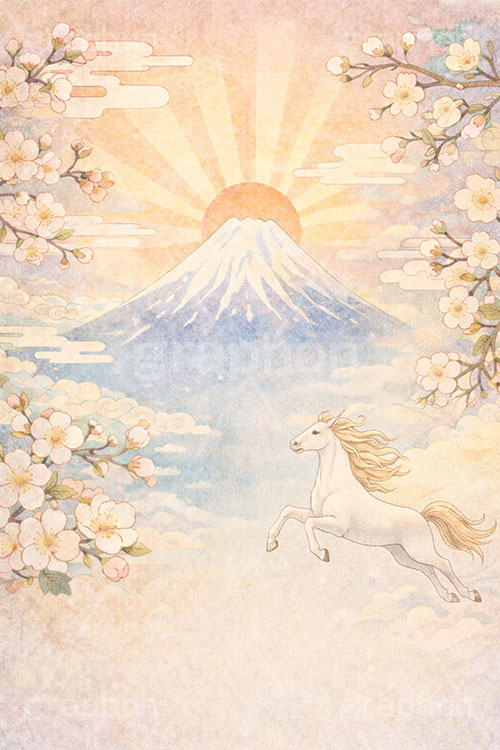 初日の出(午年),馬イラスト,午,馬,うま,ウマ,富士山,初日の出,日の出,午年,干支,正月,お正月,梅,梅の花,水彩,水彩画,年賀状,2026午年,午年年賀状,新年,ニューイヤー,アニバーサリー,イラスト,illustration,japan,horse