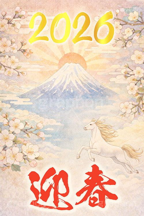 初日の出(午年),2026,迎春,馬イラスト,午,馬,うま,ウマ,富士山,初日の出,日の出,午年,干支,正月,お正月,梅,梅の花,水彩,水彩画,年賀状,2026午年,午年年賀状,新年,ニューイヤー,アニバーサリー,イラスト,illustration,japan,horse