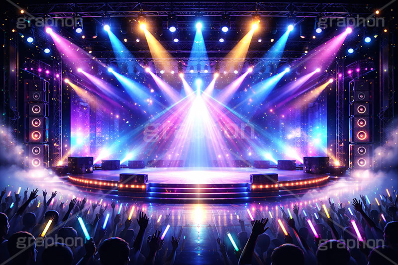 ライブステージ,ステージ,推し,推し活,舞台,ライブ,ライヴ,コンサート,アイドル,シアター,ホール,サイリウム,ペンライト,メンバーカラー,背景,照明,音楽,主役,ミュージック,ライト,スポットライト,イラスト,illustration,light,frame,hall,theater,live,stage,music