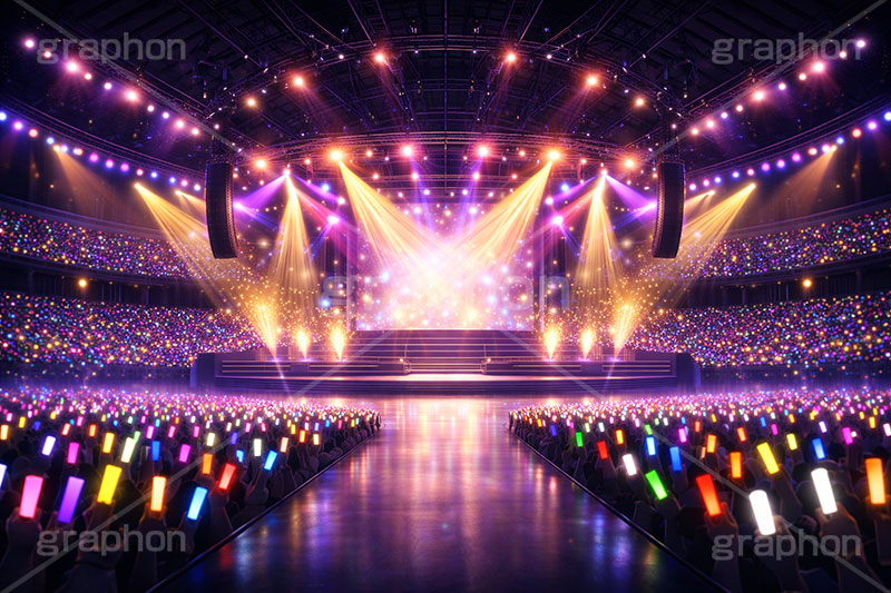 ライブステージ,ステージ,推し,推し活,舞台,ライブ,ライヴ,コンサート,アイドル,シアター,ホール,サイリウム,ペンライト,メンバーカラー,背景,照明,音楽,主役,ミュージック,ライト,スポットライト,イラスト,illustration,light,frame,hall,theater,live,stage,music