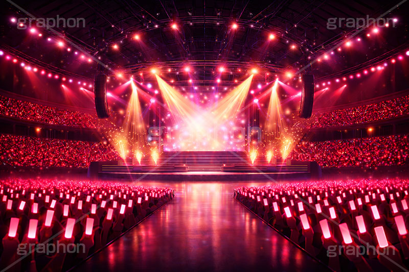 ライブステージ,ステージ,推し,推し活,舞台,ライブ,ライヴ,コンサート,アイドル,シアター,ホール,サイリウム,ペンライト,メンバーカラー,背景,照明,音楽,主役,ミュージック,ライト,スポットライト,イラスト,illustration,light,frame,hall,theater,live,stage,music