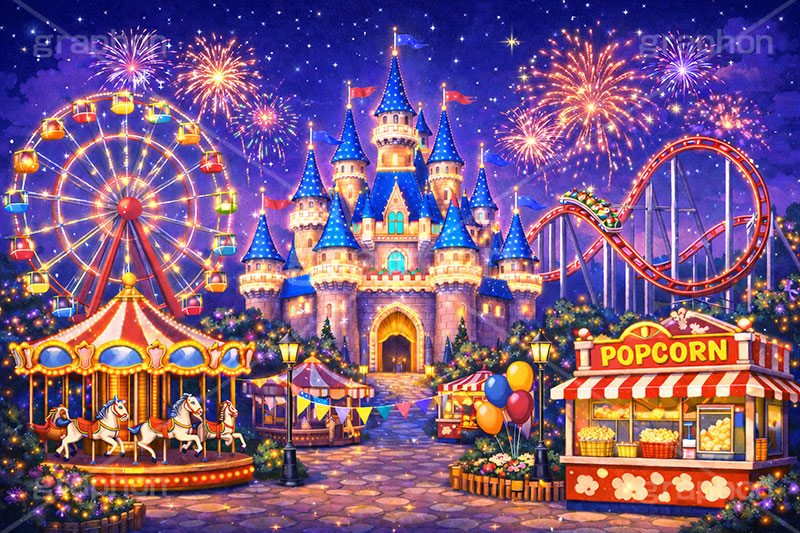 遊園地の背景,遊園地,テーマパーク,アトラクション,ジェットコースター,メリーゴーランド,観覧車,売店,夜景,花火,イルミネーション,ポップコーン,お城,キャッスル,背景,amusement,themepark,castle,illumination