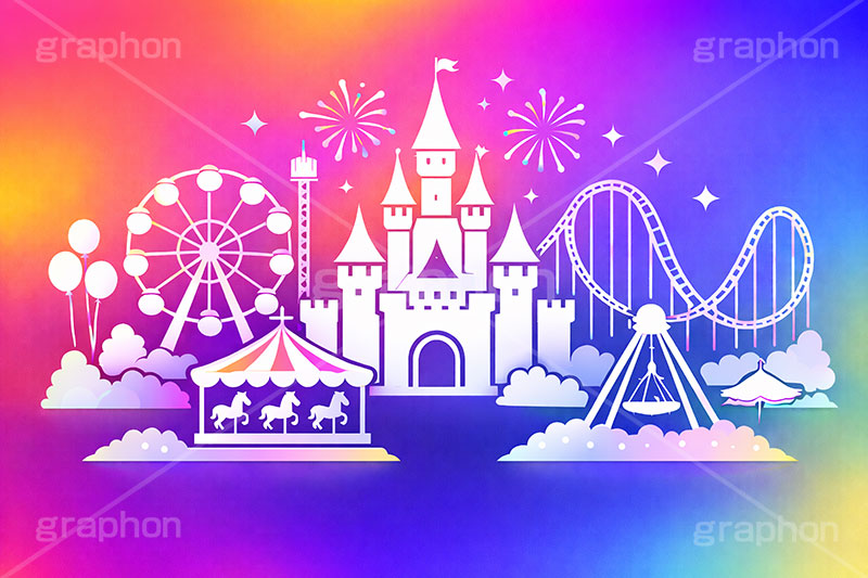 遊園地シルエット,シルエット,遊園地の背景,遊園地,テーマパーク,アトラクション,ジェットコースター,メリーゴーランド,観覧車,花火,風船,フリーフォール,バイキング,お城,キャッスル,背景,グラデーション,gradation,amusement,themepark,castle,balloon