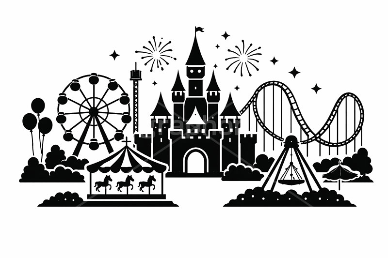 遊園地シルエット,シルエット,遊園地の背景,遊園地,テーマパーク,アトラクション,ジェットコースター,メリーゴーランド,観覧車,花火,風船,フリーフォール,バイキング,お城,キャッスル,背景,amusement,themepark,castle,balloon