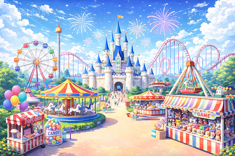 遊園地の背景,遊園地,テーマパーク,アトラクション,ジェットコースター,メリーゴーランド,観覧車,売店,花火,ポップコーン,キャンディ,ゲーム,バイキング,フリーフォール,バルーン,風船,お城,キャッスル,背景,amusement,themepark,castle,balloon