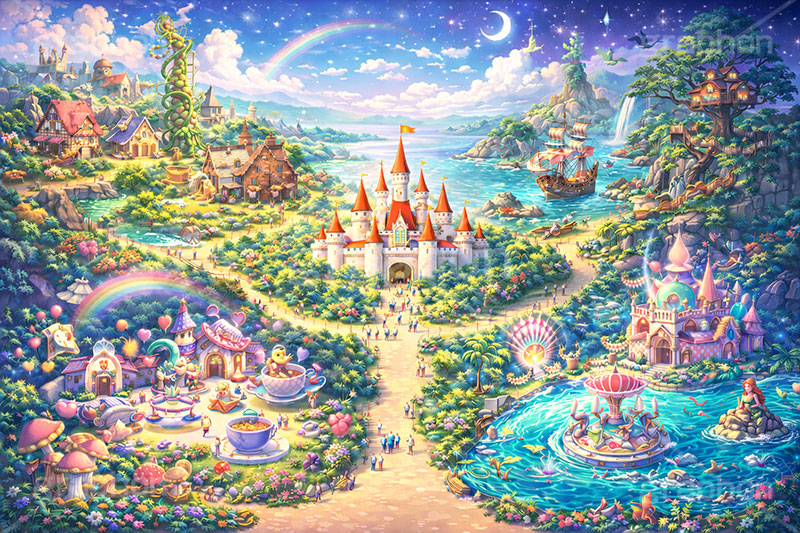 テーマパークの背景,遊園地の背景,遊園地,テーマパーク,アトラクション,おとぎ話,虹,三日月,ファンタジー,メルヘン,豆の木,人魚,アリス,ティーカップ,ピーターパン,海賊,海賊船,お城,キャッスル,背景,amusement,themepark,castle,fantasy