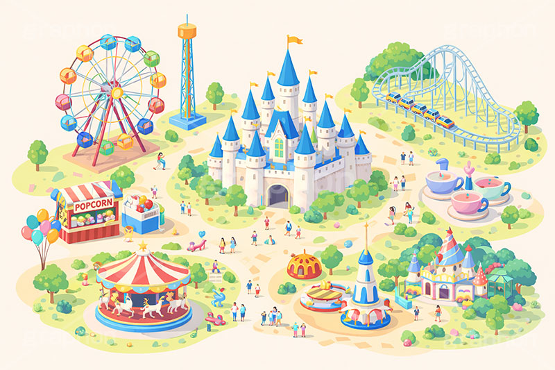 アイソメトリックな遊園地,アイソメトリック,パース,遊園地の背景,遊園地,テーマパーク,アトラクション,ジェットコースター,コーヒーカップ,フリーフォール,メリーゴーランド,観覧車,売店,ポップコーン,お城,キャッスル,背景,amusement,themepark,castle