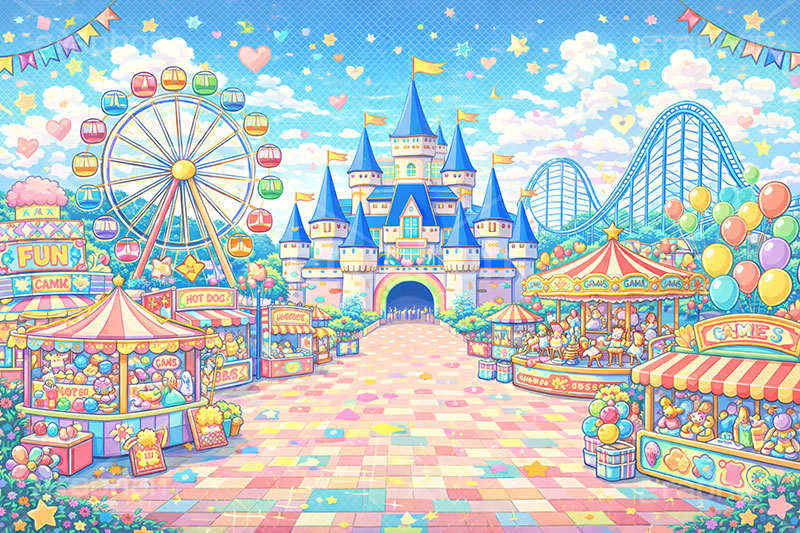 平成レトロな遊園地,平成レトロ,平成,レトロ,遊園地の背景,遊園地,かわいい,カワイイ,可愛い,テーマパーク,アトラクション,ジェットコースター,メリーゴーランド,ハート,バルーン,ガーランド,風船,観覧車,売店,ゲーム,お城,キャッスル,背景,amusement,themepark,castle,game,heart,balloon