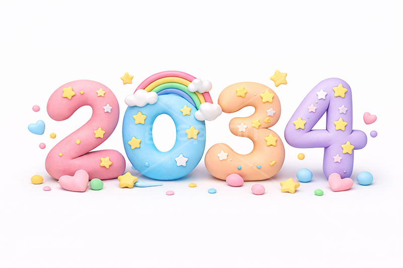 2034(クレイ),年号,西暦,クレイ,クレイアート,ねんど,粘土,虹,星,レインボー,年賀状,お正月,正月,年明け,新年,ニューイヤー,アニバーサリー,イベント,行事,ポップ,かわいい,カワイイ,可愛い,メッセージ,テキスト,message,text,POP,event,anniversary,clay,rainbow,2034