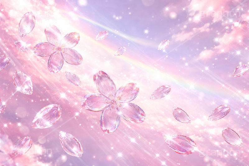 ガラス・ブロッサム,ガラス,ガラス細工,クリスタル,宝石,アクセ,ジュエリー,桜,さくら,サクラ,花見,ブロッサム,春,花,花びら,花弁,背景,キラキラ,イラスト,blossom,spring,flower,glass,jewel,AI生成素材