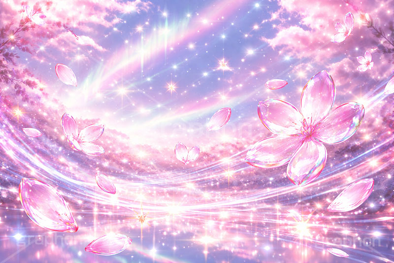 ガラス・ブロッサム,ガラス,ガラス細工,クリスタル,宝石,アクセ,ジュエリー,桜,さくら,サクラ,花見,ブロッサム,春,花,花びら,花弁,背景,キラキラ,イラスト,blossom,spring,flower,glass,jewel,AI生成素材