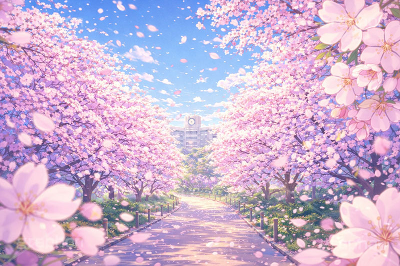 出会いと別れ,学校,校舎,入学,入学式,卒業,卒業式,小学校,中学校,高校,出会い,別れ,桜,さくら,サクラ,花見,ブロッサム,春,花,花びら,花弁,背景,イラスト,blossom,spring,flower,school,graduation