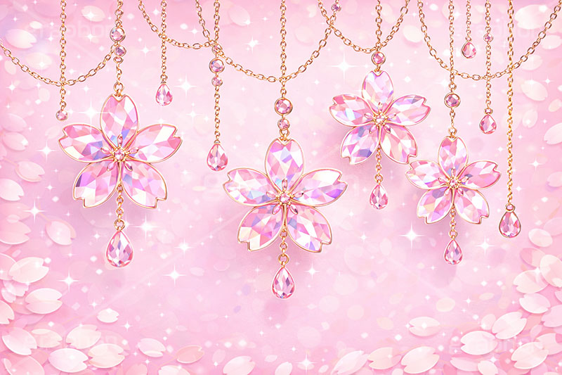 ジュエリー・ブロッサム,宝石,アクセ,ジュエリー,クリスタル,チェーン,桜,さくら,サクラ,花見,しずく,雫,ブロッサム,春,花,花びら,花弁,背景,キラキラ,イラスト,blossom,spring,flower,glass,jewel