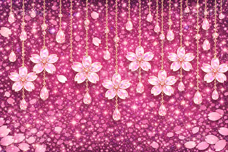 ジュエリー・ブロッサム,宝石,アクセ,ジュエリー,クリスタル,チェーン,桜,さくら,サクラ,花見,しずく,雫,ブロッサム,春,花,花びら,花弁,背景,キラキラ,イラスト,blossom,spring,flower,glass,jewel