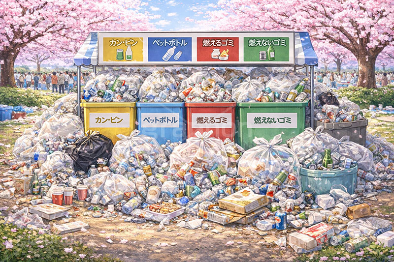 ゴミの山,ごみ,ゴミ,分別,リサイクル,缶,空き缶,ビン,びん,瓶,空き瓶,ペットボトル,燃えるゴミ,燃えないゴミ,捨て,ゴミ箱,ごみ箱,ルール,マナー,花見,お花見,会場,公園,満開,宴会,桜,さくら,サクラ,ブロッサム,春,花,花びら,花弁,イラスト,blossom,spring,flower,AI生成素材