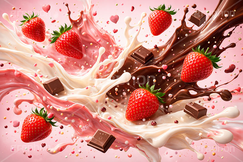 甘い衝撃,衝撃,ホワイトチョコレート,ミルクチョコレート,板チョコ,苺,いちご,ストロベリー,バレンタイン,バレンタインデー,チョコレート,溶ける,溶け,菓子,お菓子,告白,愛,恋,恋愛,ラブ,らぶ,女子力,ガーリー,甘い,スイーツ,chocolate,valentine,sweet,strawberry,AI生成素材