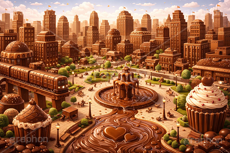 チョコレート都市,たくさんのチョコレート,都市,街,都会,童話,おとぎ話,ビル,バレンタイン,バレンタインデー,チョコレート,菓子,お菓子,告白,愛,恋,恋愛,ラブ,らぶ,女子力,ガーリー,甘い,スイーツ,chocolate,valentine,sweet,building,AI生成素材
