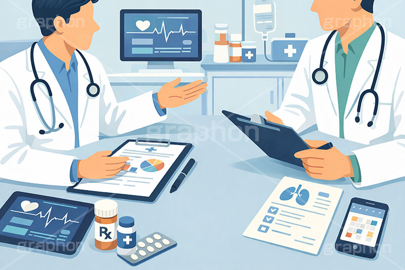 医療,医師,通院,病院,診察,タブレット,資料,会議,ミーティング,お繰り合わせ,問題,医療問題,社会問題,ヘルスケア,ケア,メディカル,健康,人物,キャラクター,イラスト,illustration,healthcare,health,hospital,medical,AI生成素材