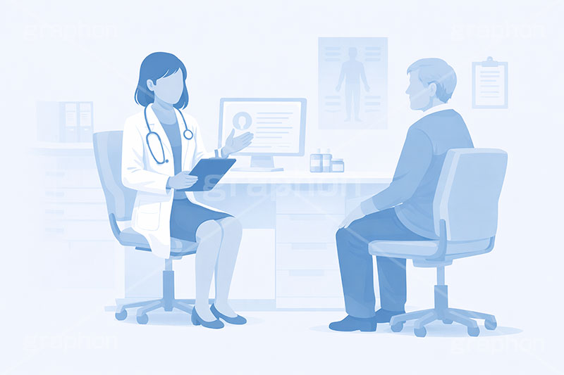 診察,通院,診察室,高齢化,医師,医療,病院,病室,問題,医療問題,社会問題,ヘルスケア,ケア,メディカル,健康,人物,キャラクター,おじいさん,おじさん,お年寄り,高齢者,シニア,イラスト,illustration,healthcare,health,hospital,medical,AI生成素材