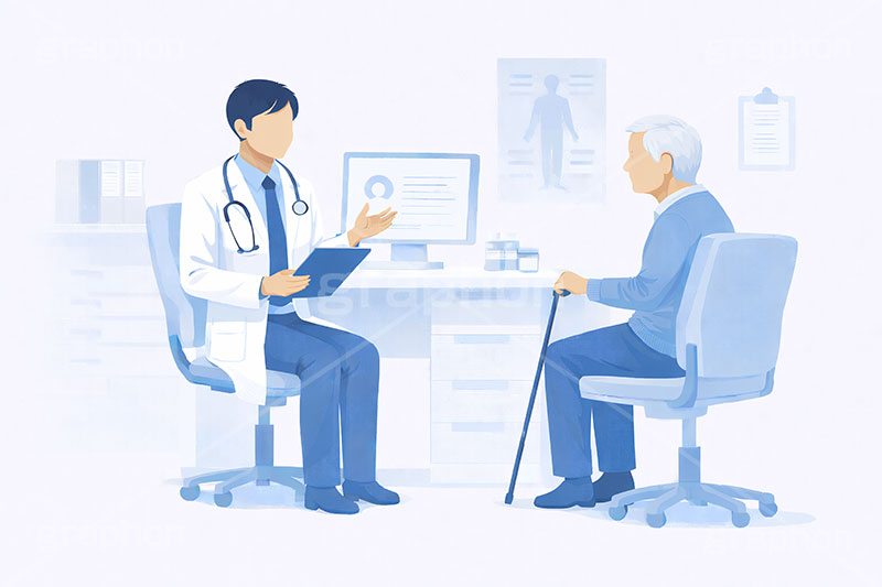 診察,通院,診察室,高齢化,医師,医療,病院,病室,問題,医療問題,社会問題,ヘルスケア,ケア,メディカル,健康,人物,キャラクター,おじいさん,おじさん,お年寄り,高齢者,シニア,イラスト,illustration,healthcare,health,hospital,medical,AI生成素材