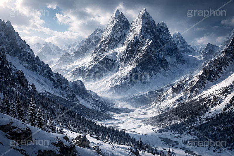 雪山,豪雪,険しい,山,雪崩,雪,ゆき,積,冬,壮大,ファンタジー,背景,BG,fantasy,snow,winter,mountain,AI生成素材