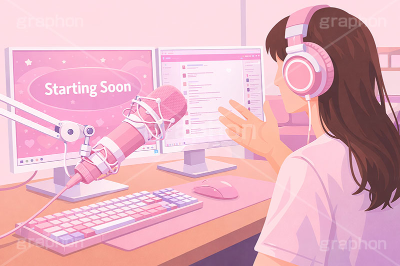 ライブ配信,配信,ライバー,インフルエンサー,VTuber,配信,ライブ,ゲーム実況,コメント欄,コメント,チャット,モニタ,カメラ,キーボード,パソコン,マイク,ヘッドホン,ヘッドフォン,機材,放送,映像,動画,実況,配信素材,人物,女性,ガーリー,カワイイ,かわいい,可愛い,イラスト,illustration,SNS,PC,monitor,mic,live,streamer,AI生成素材