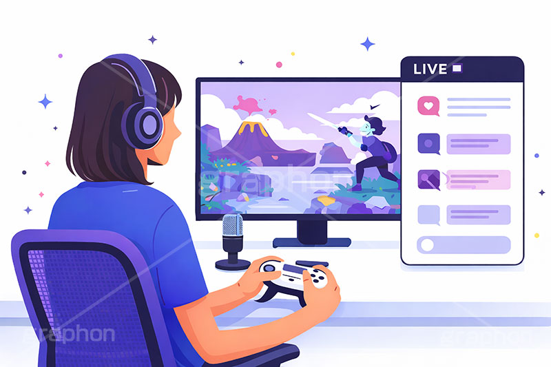 ゲーム実況,ゲーム,コントローラー,ライブ配信,配信,ライバー,インフルエンサー,VTuber,配信,ライブ,コメント欄,コメント,チャット,モニタ,パソコン,マイク,ヘッドホン,ヘッドフォン,機材,放送,映像,動画,実況,配信素材,人物,女性,イラスト,illustration,SNS,PC,monitor,mic,live,streamer,AI生成素材
