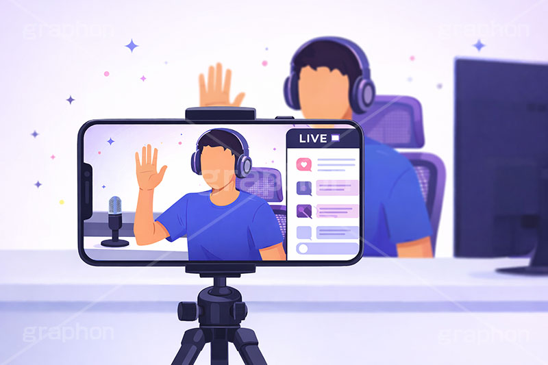 ライブ配信,配信,スマホ,スマートフォン,ライバー,インフルエンサー,VTuber,配信,ライブ,ゲーム実況,コメント欄,コメント,チャット,モニタ,カメラ,パソコン,ヘッドホン,ヘッドフォン,三脚,機材,放送,映像,動画,実況,配信素材,人物,男性,イラスト,illustration,SNS,PC,monitor,mic,live,streamer,AI生成素材