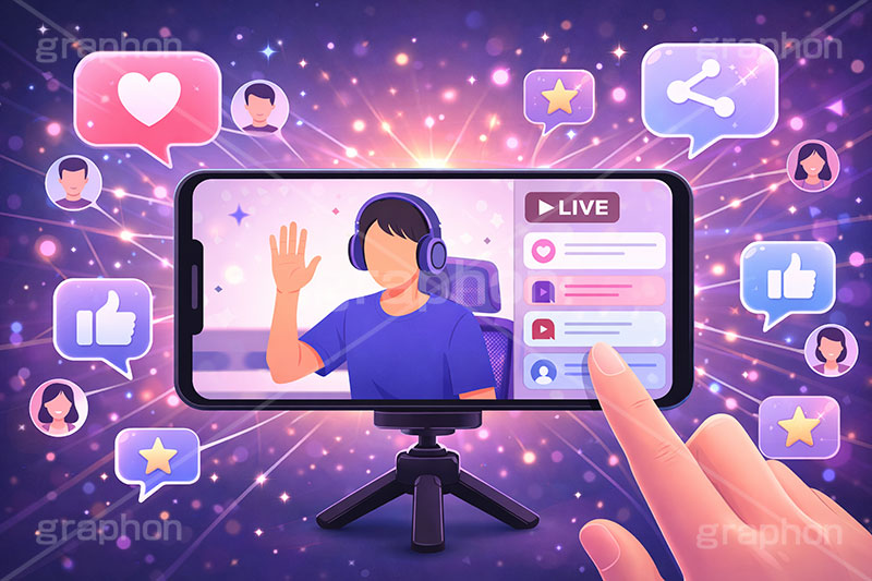 ライブ配信,ネットワーク,世界,繋がる,いいね,共有,シェア,お気に入り,グッド,吹き出し,フキダシ,配信,スマホ,スマートフォン,ライバー,インフルエンサー,VTuber,配信,ライブ,ゲーム実況,コメント欄,コメント,チャット,カメラ,パソコン,ヘッドホン,ヘッドフォン,三脚,機材,放送,映像,動画,実況,配信素材,人物,男性,イラスト,illustration,SNS,PC,monitor,mic,live,streamer,good,share,AI生成素材