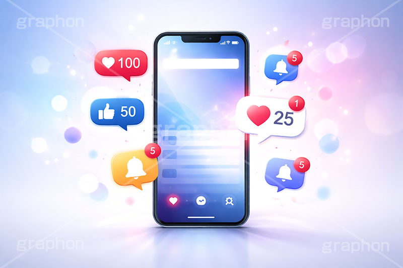 SNS,スマホ,スマートフォン,通知,デジタル,コミュニケーション,いいね,グッド,バッド,お気に入り,コメント,吹き出し,フキダシ,共有,ポップアップ,UI,炎上,トレンド,フォロワー,フォロー,依存,依存症,誹謗中傷,誹謗,中傷,プラットフォーム,メディア,アイコン,icon,digital,phone,bell,good,bad,communication,media,AI生成素材