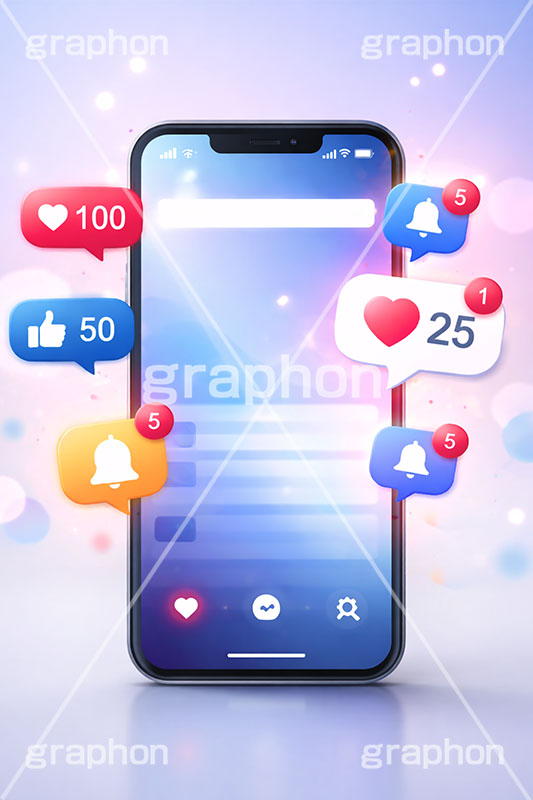 SNS,スマホ,スマートフォン,通知,デジタル,コミュニケーション,いいね,グッド,バッド,お気に入り,コメント,吹き出し,フキダシ,共有,ポップアップ,UI,炎上,トレンド,フォロワー,フォロー,依存,依存症,誹謗中傷,誹謗,中傷,プラットフォーム,メディア,アイコン,icon,digital,phone,bell,good,bad,communication,media,AI生成素材